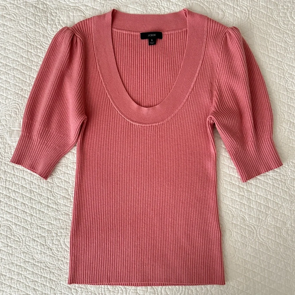 J.Crew Pink Puff-Sleeve Silk-Blend Short Sleeve Ribbed Knit Top Sweater